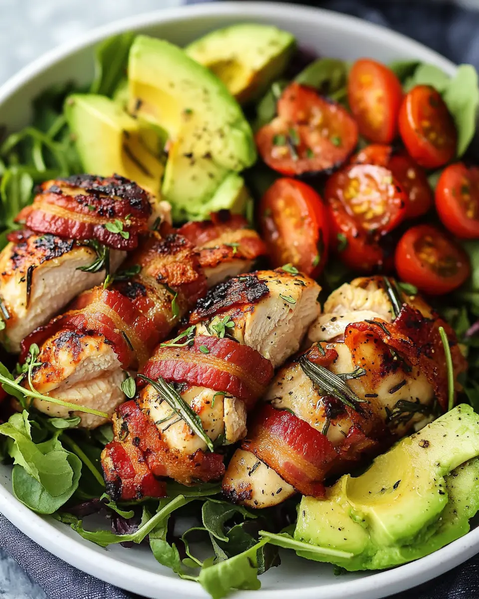 Rosmarin-Hühnchen mit Speck und Avocado-Salat First Image First Image