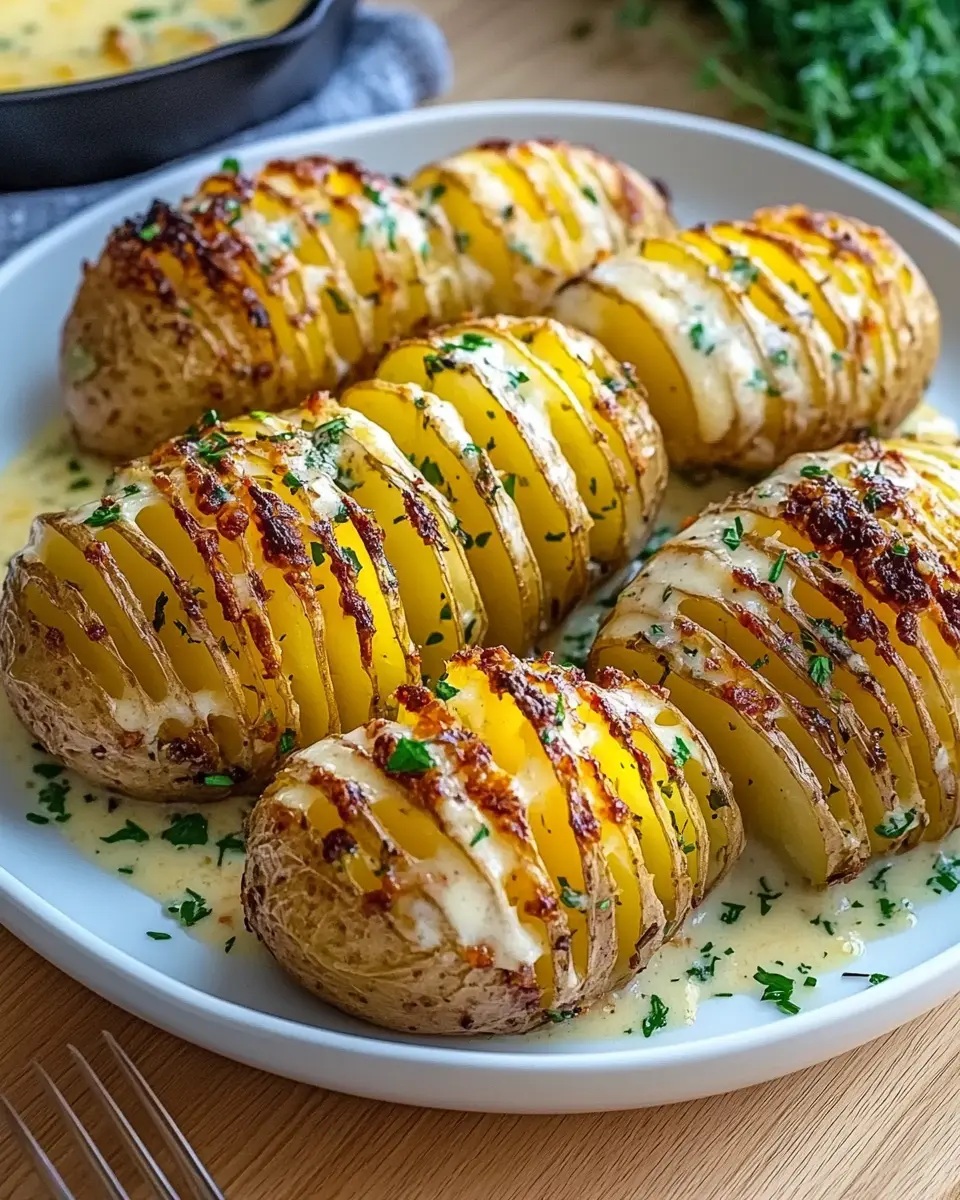 Überbackene Hasselback Kartoffeln in cremiger Sauce