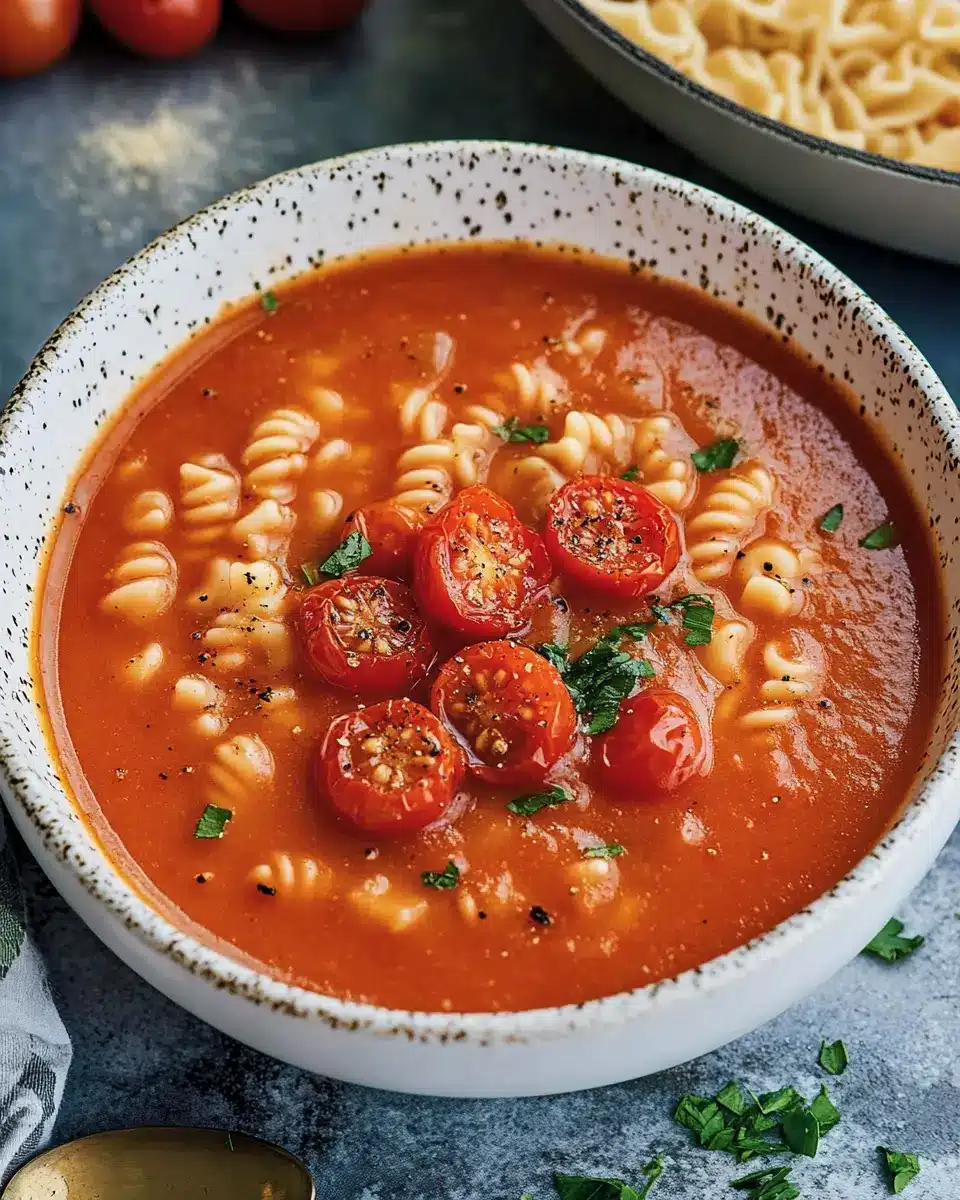 Vegane Tomatensuppe mit Nudeln First Image First Image