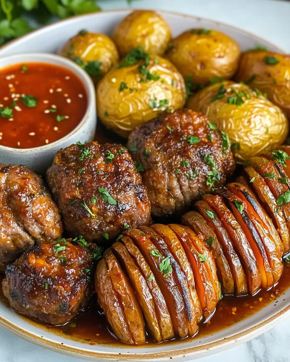 Saftige Ofen-Köfte mit aromatischen Hasselback-Kartoffeln