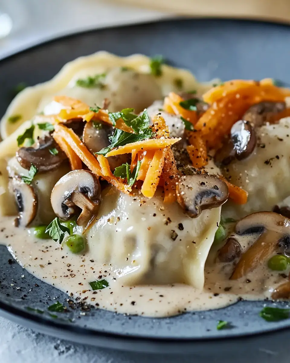 Veggie-Kraft-Knödel an cremigen Champignons