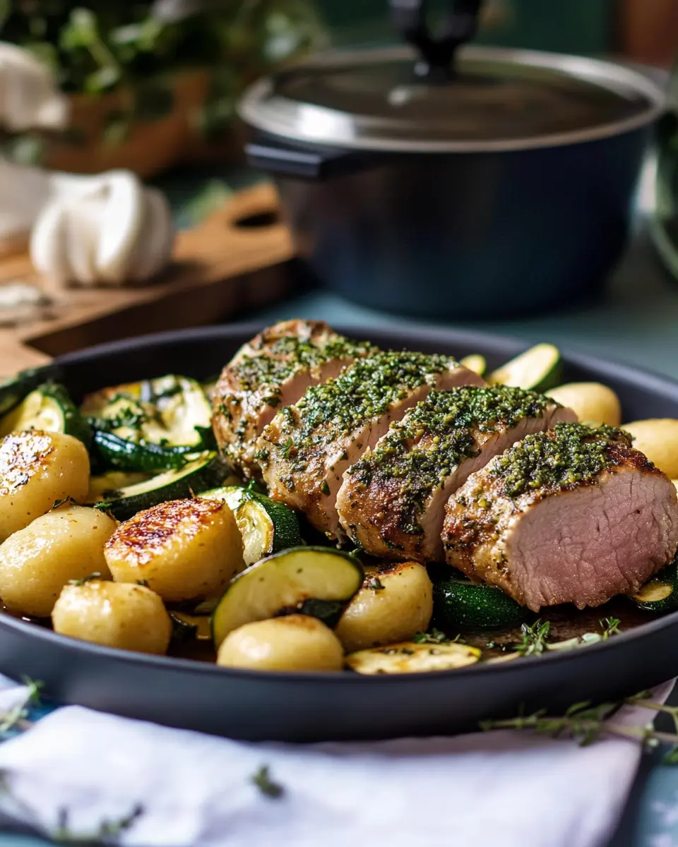 Schweinefilet im Kräutermantel mit Pfanne aus Gnocchi und Zucchini First Image First Image