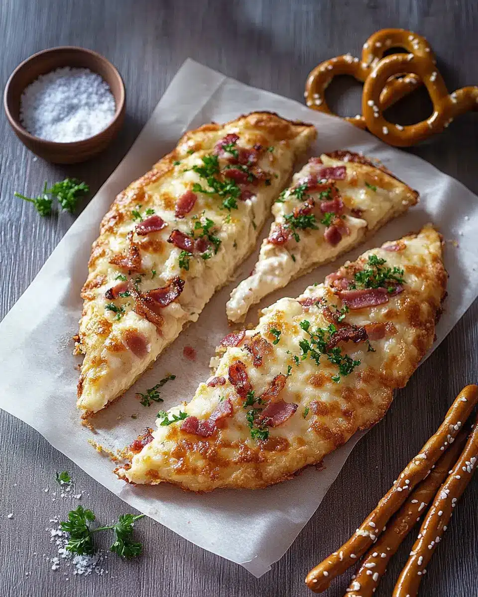Flammkuchen Laugenstangen mit Speck und Zwiebeln First Image First Image