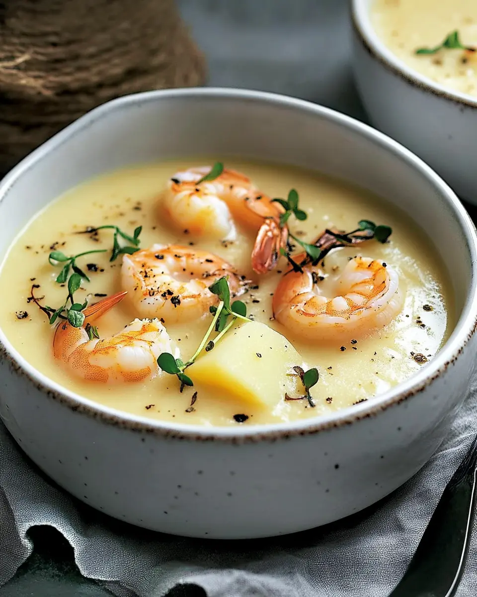 Topinambur-Kartoffel-Cremesuppe mit Garnelen First Image First Image