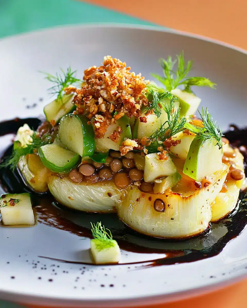 Karamellisierter Fenchel mit Belugalinsen-Balsamico-Creme, grüner Apfel-Vinaigrette und Crunch First Image First Image