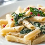 Penne mit Gorgonzola-Sahne-Sauce, Blattspinat & rosa Beeren First Image First Image