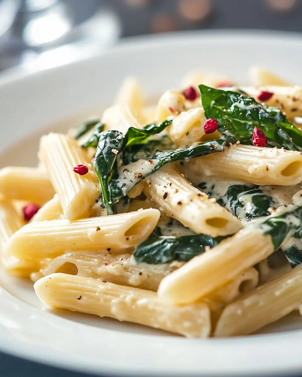 Penne mit Gorgonzola-Sahne-Sauce, Blattspinat & rosa Beeren First Image First Image