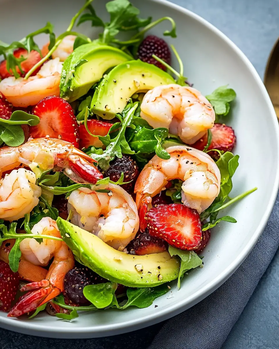 Frischer Garnelensalat mit Erdbeeren und Avocado First Image First Image