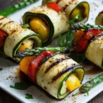 Gegrillte Zucchini-Röllchen mit grünem Spargel & Paprika First Image First Image