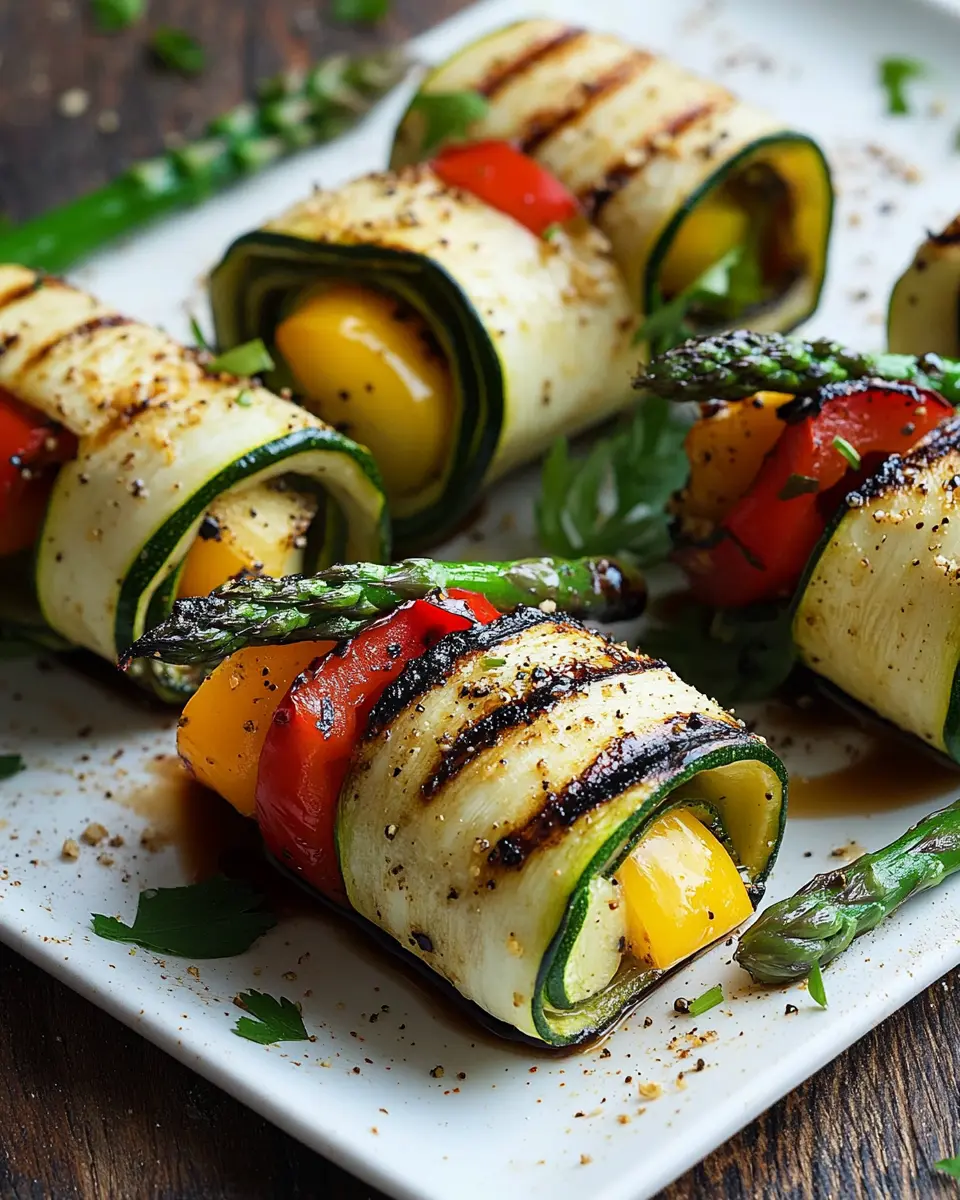 Gegrillte Zucchini-Röllchen mit grünem Spargel & Paprika First Image First Image