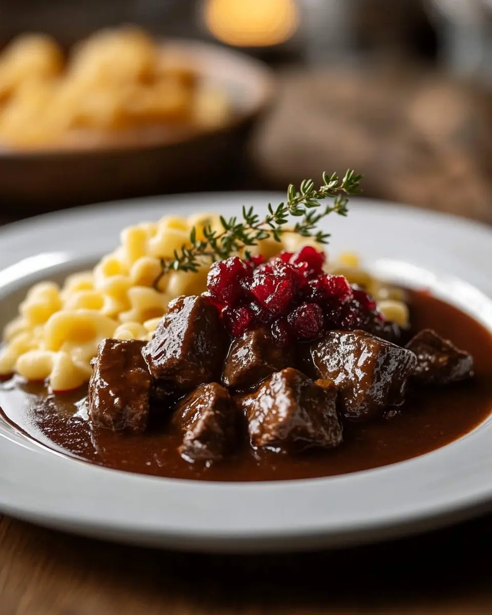 Hirschragout mit Preiselbeeren & Spätzle – zart & aromatisch First Image First Image