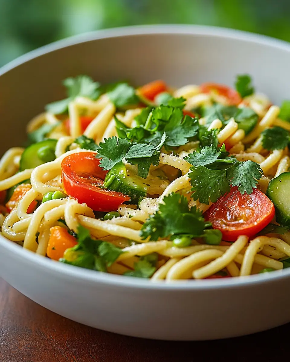 Pasta-Bowl mit Koriander und buntem Gemüse First Image First Image