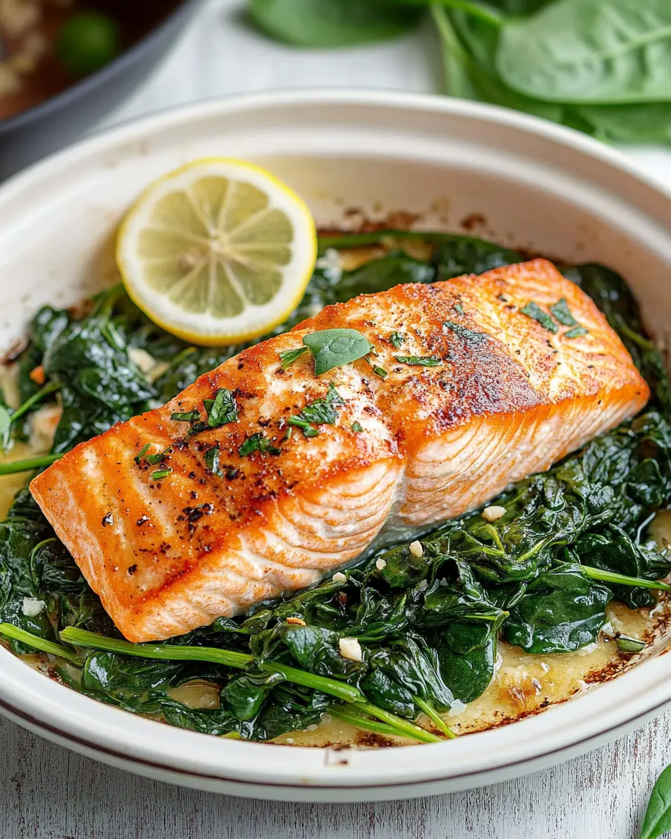 Einfacher Ofen Lachs auf Spinat First Image First Image