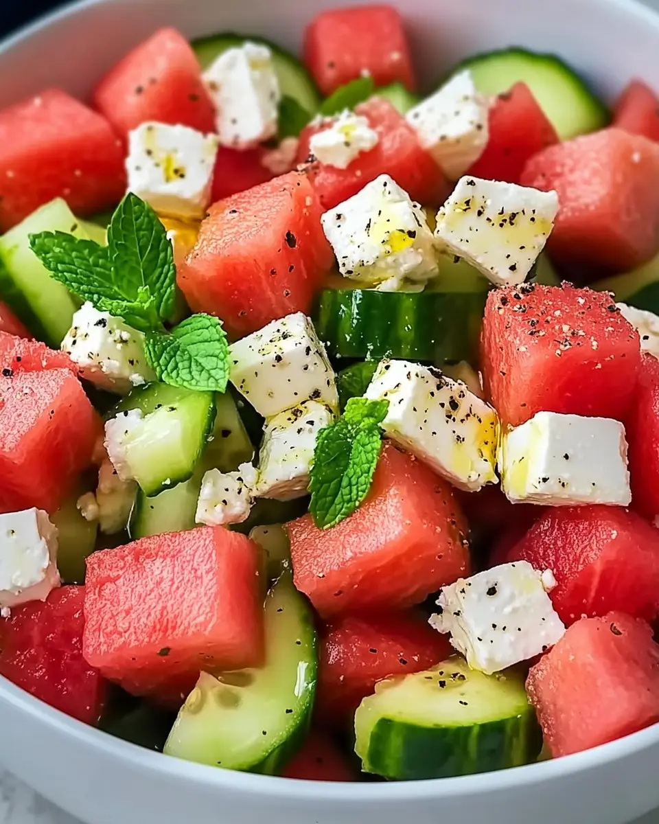 Wassermelonen Feta Salat mit Gurke und Minze – Erfrischend und gesund First Image First Image